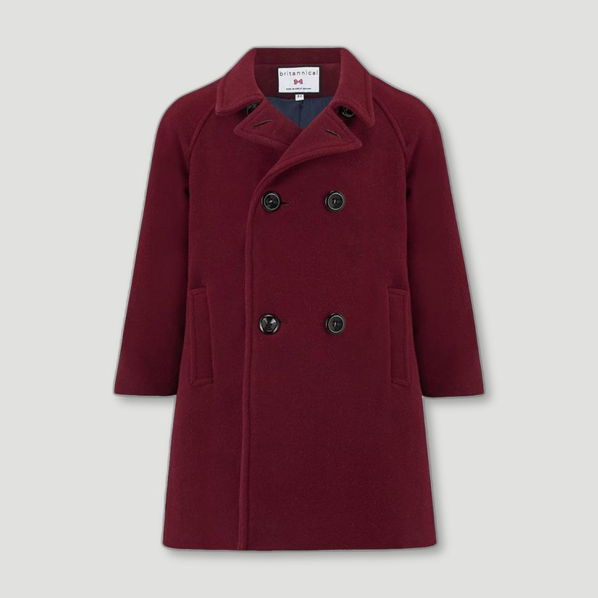 Front view of Burgundy Clerkenwell Girls Bridge Coat from Brittanical London - British Made Children's Coats