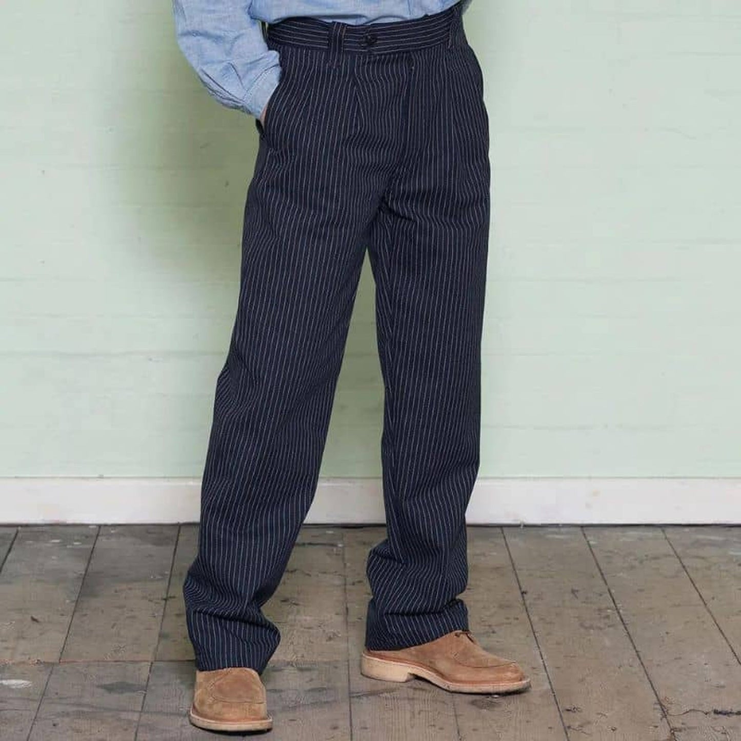 Chalk Pinstripe Cotton Work Trousers