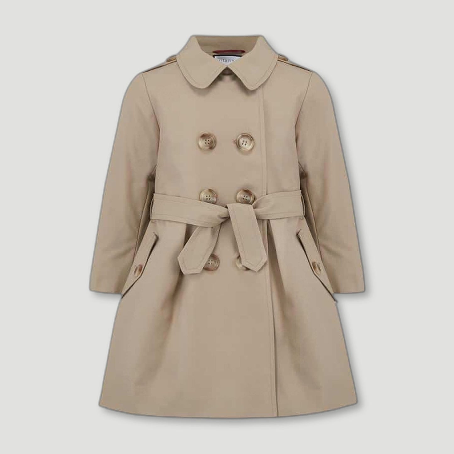 Front view of Classic Beige Bayswater Girls Trench Coat from Brittanical London - British Made Children's Coats