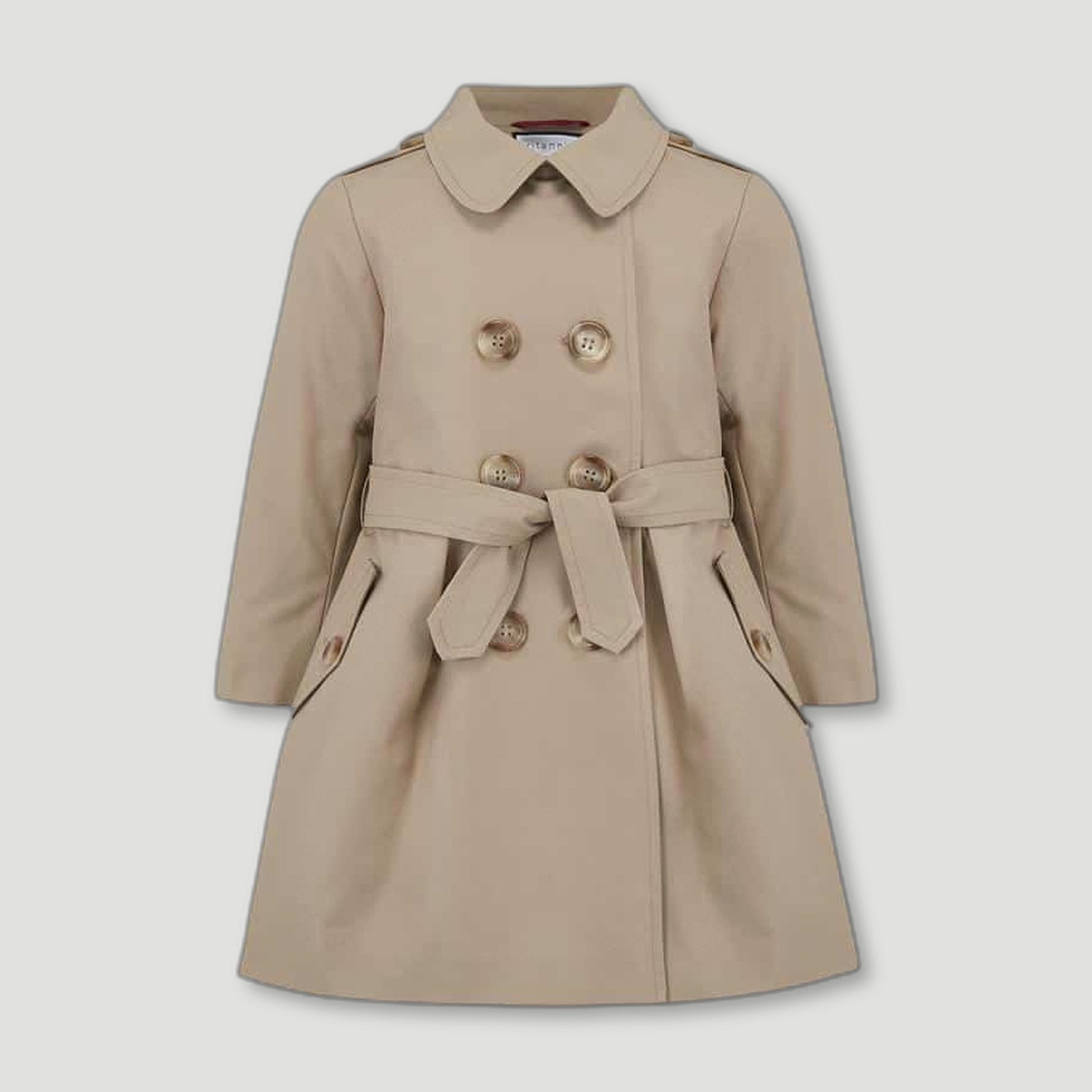 Front view of Classic Beige Bayswater Girls Trench Coat from Brittanical London - British Made Children's Coats