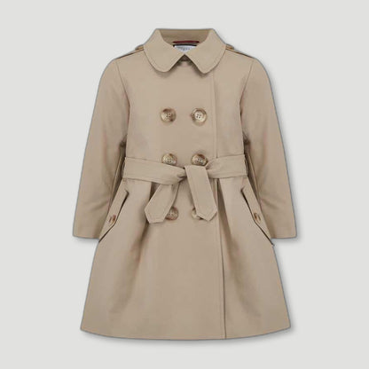 Front view of Classic Beige Bayswater Girls Trench Coat from Brittanical London - British Made Children's Coats