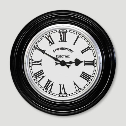 Front view of Classic Black Factory Clock Roman Numerals from Synchronome Clocks - British Made Wall Clocks