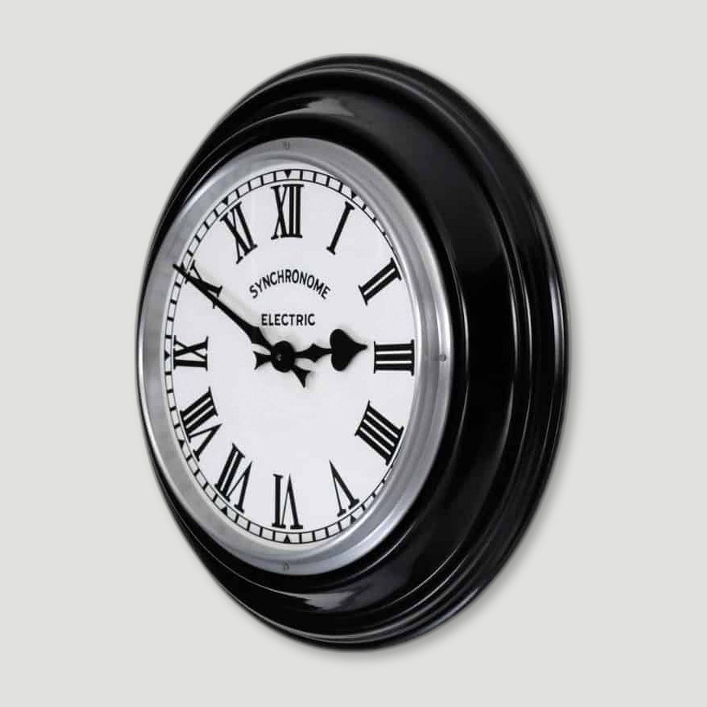 Side view of Classic Black Factory Clock Roman Numerals from Synchronome Clocks - British Made Wall Clocks