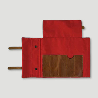 Side view of Factory Red Canvas & Leather Artist Roll from Risdon & Risdon - British Made Aprons