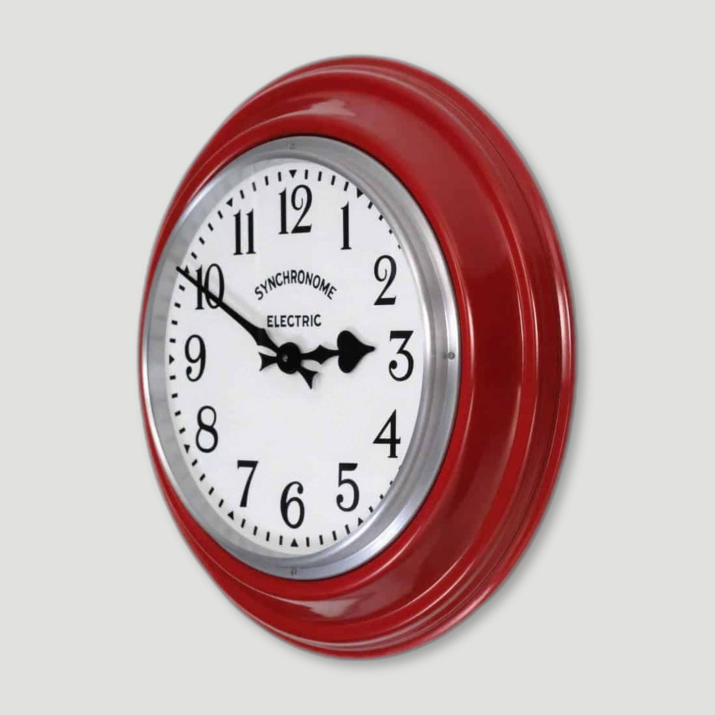 Side view of GPO Red Factory Clock Arabic Numerals from Synchronome Clocks - British Made Wall Clocks
