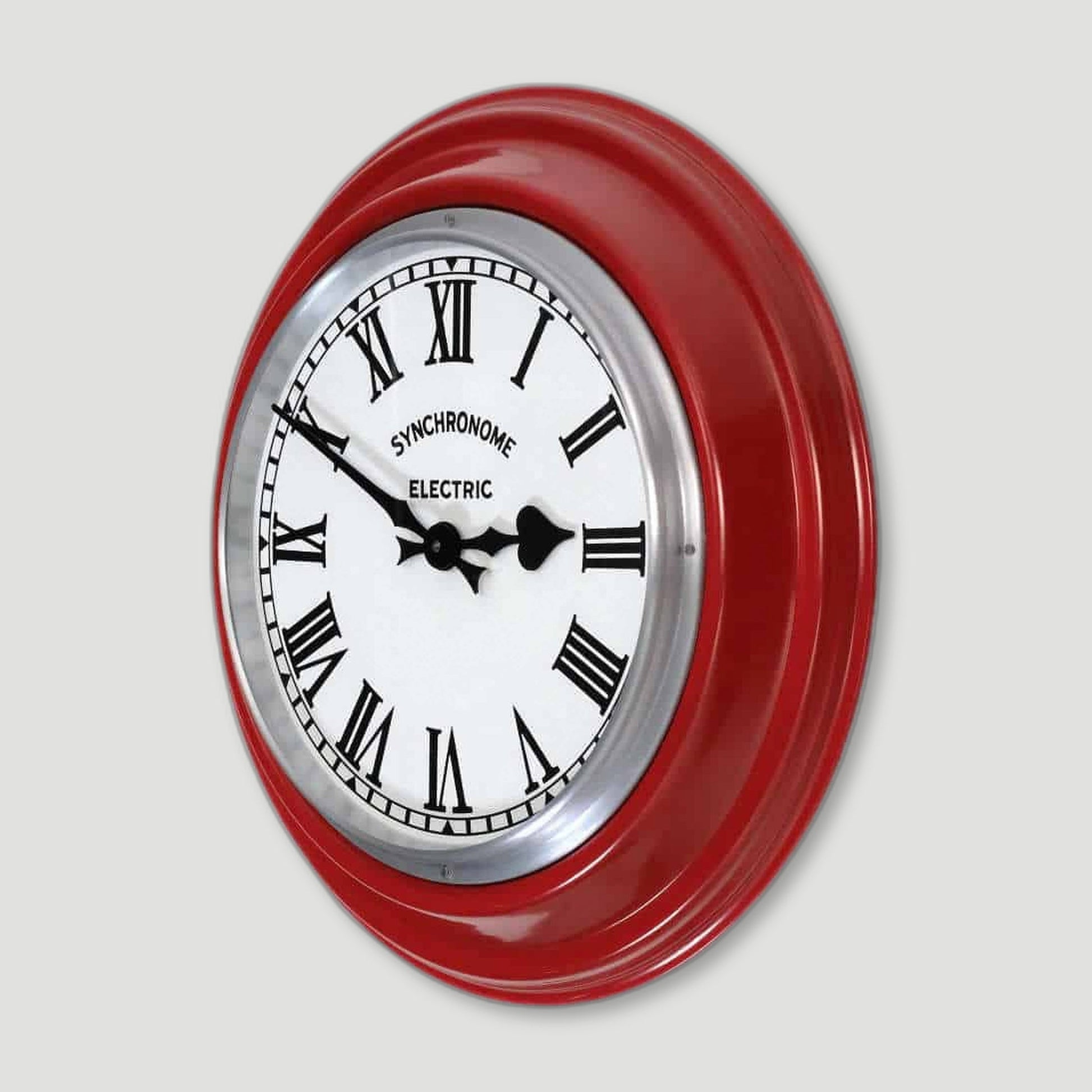 Side view of GPO Red Factory Clock Roman Numerals from Synchronome Clocks - British Made Wall Clocks