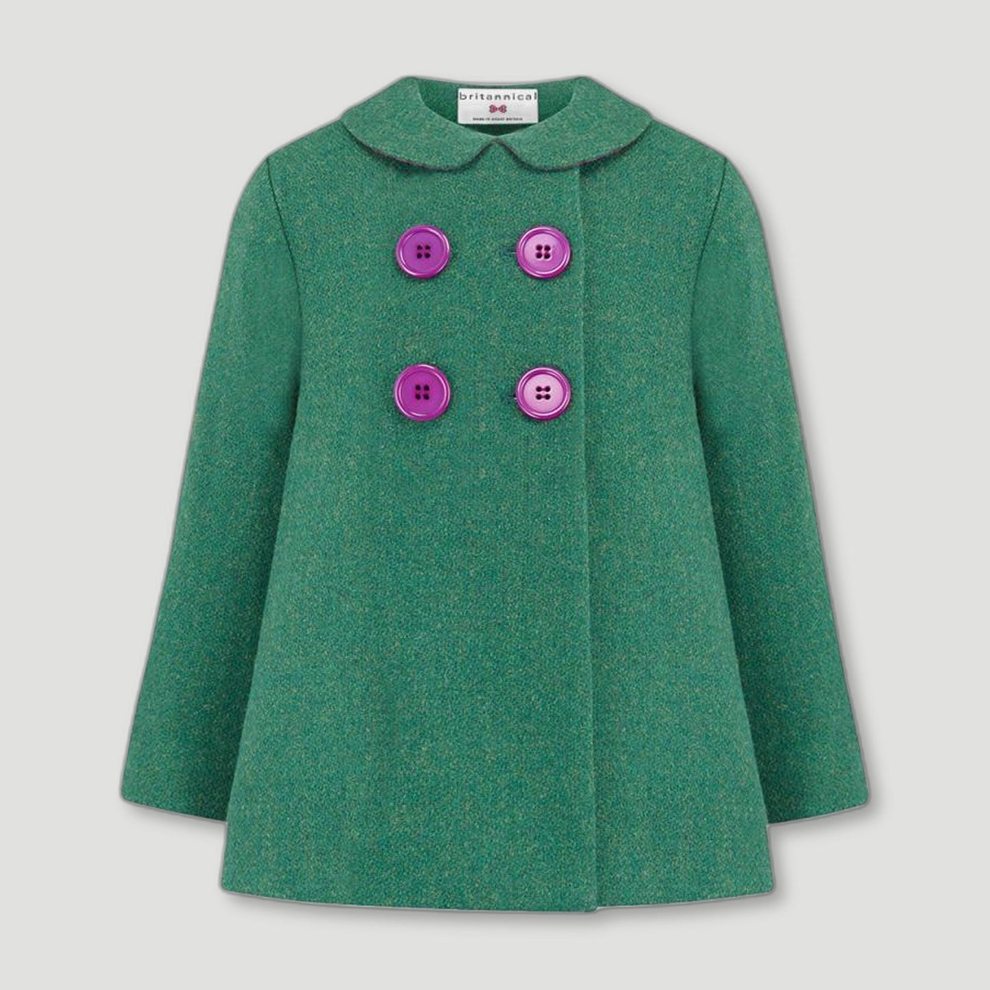 Front view of Green Fitzrovia Girls Pea Coat from Brittanical London - British Made Children's Coats