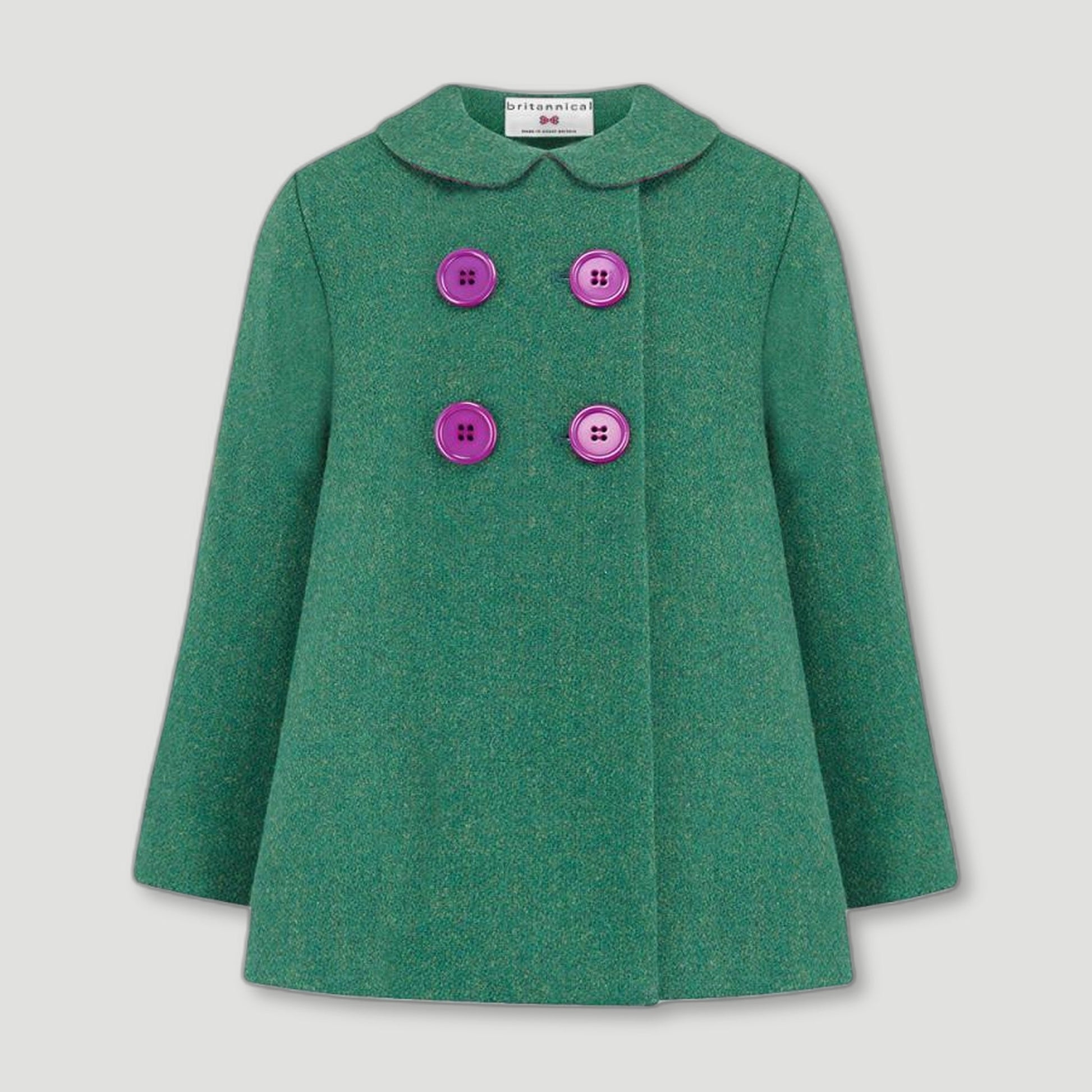 Front view of Green Fitzrovia Girls Pea Coat from Brittanical London - British Made Children's Coats