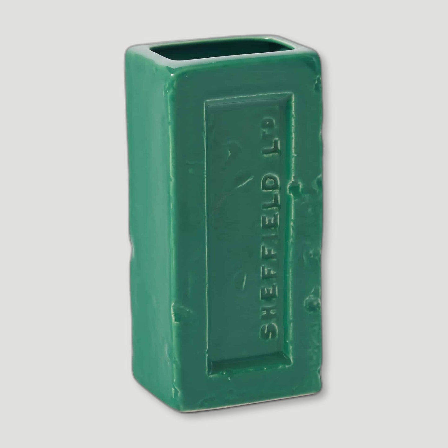 Angled view of Green Sheffield Brick Vase from Stolen Form - British Made Vases & Homeware