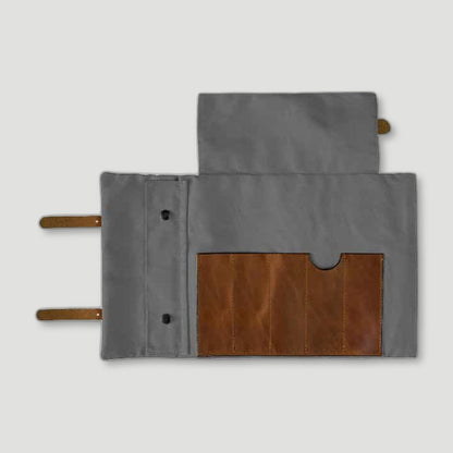 Side view of Heritage Grey Canvas & Leather Artists Roll from Risdon & Risdon - British Made Aprons