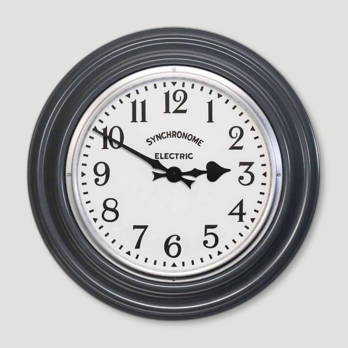 Front view of Hooton Grey Factory Clock Arabic Numerals from Synchronome Clocks - British Made Wall Clocks