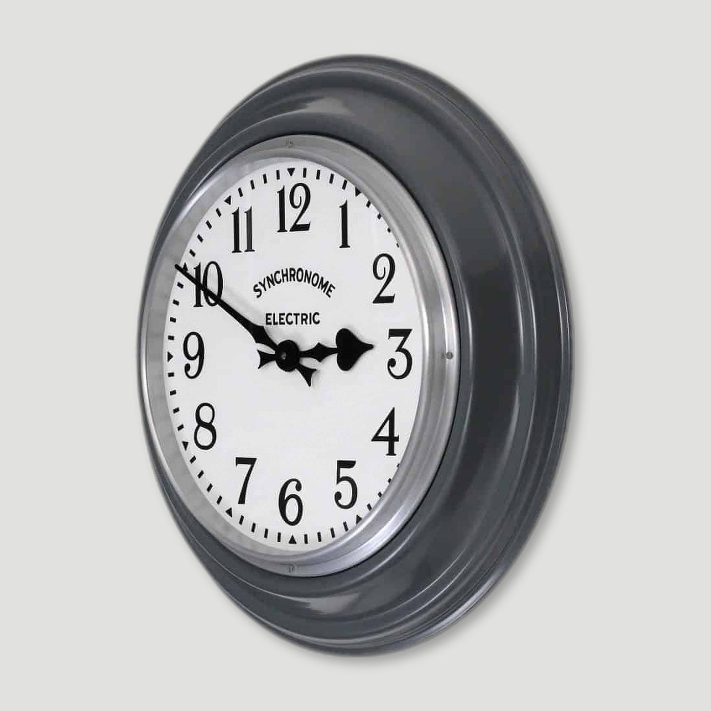 Side view of Hooton Grey Factory Clock Arabic Numerals from Synchronome Clocks - British Made Wall Clocks