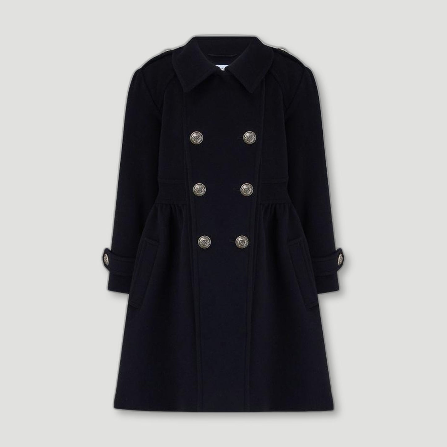 Front view of Ink Blue Westminster Cashmere Girls Dress Coat from Brittanical London - British Made Children's Coats