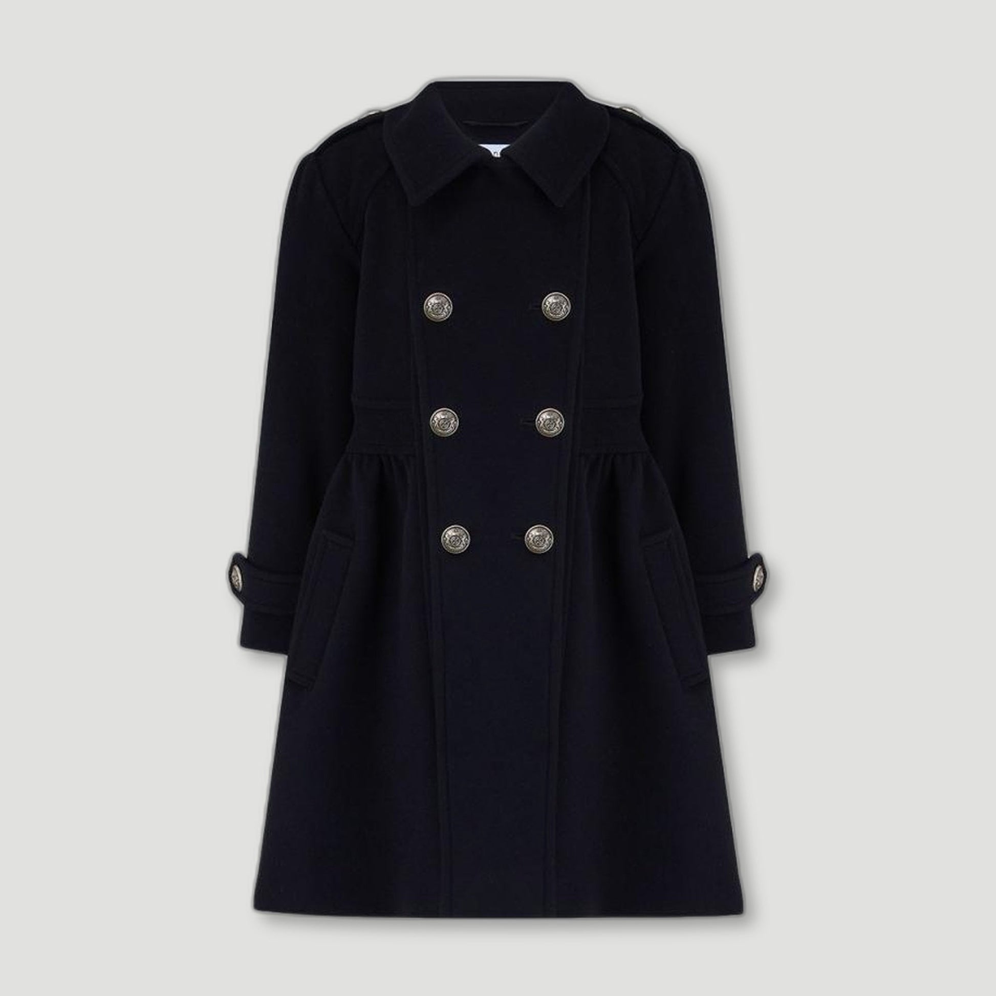 Front view of Ink Blue Westminster Cashmere Girls Dress Coat from Brittanical London - British Made Children's Coats