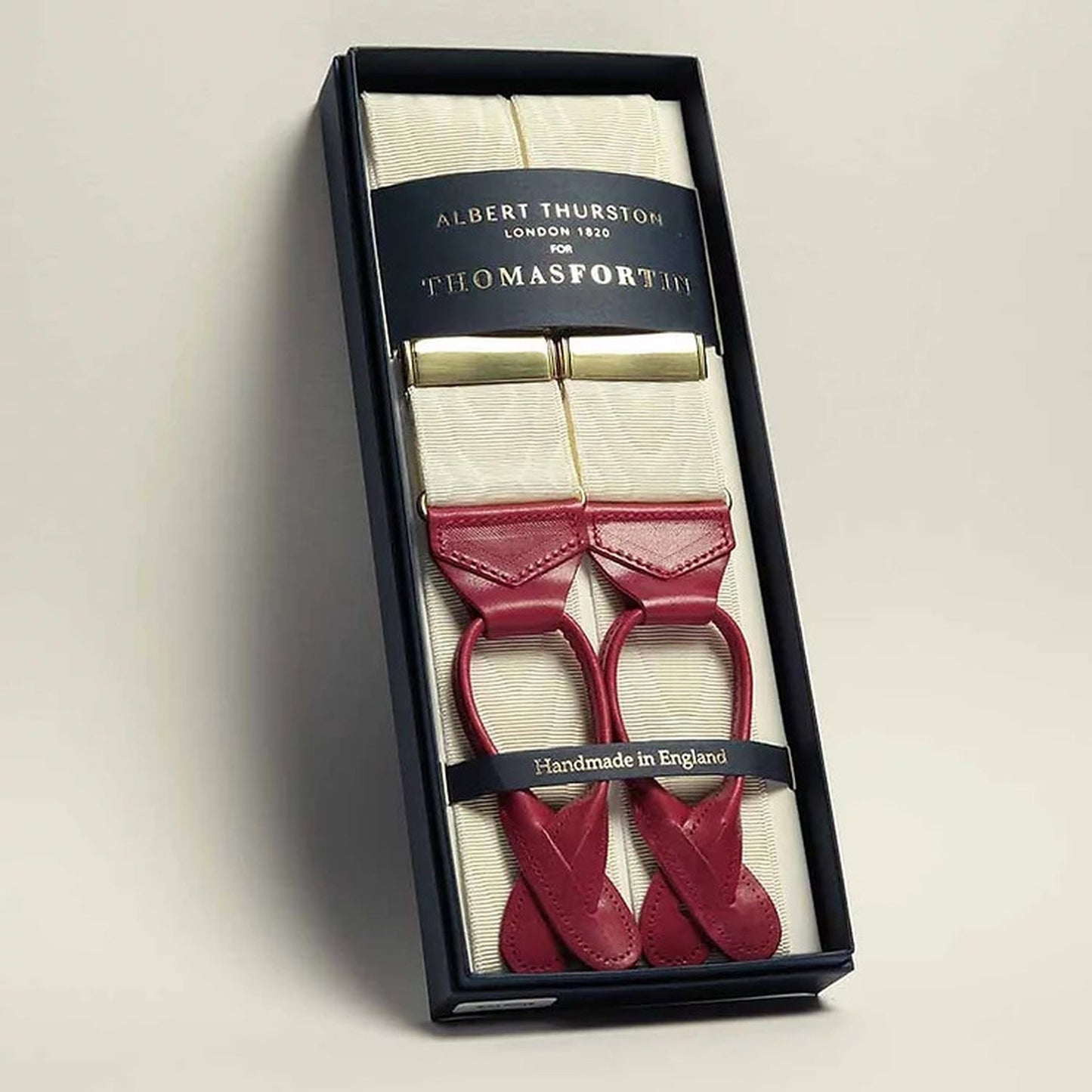 Ivory Moire Braces with Red Leather