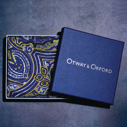 Labyrinth Silk Pocket Square - Blue, White & Lime Green