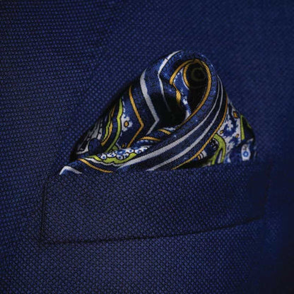 Labyrinth Silk Pocket Square - Blue, White & Lime Green