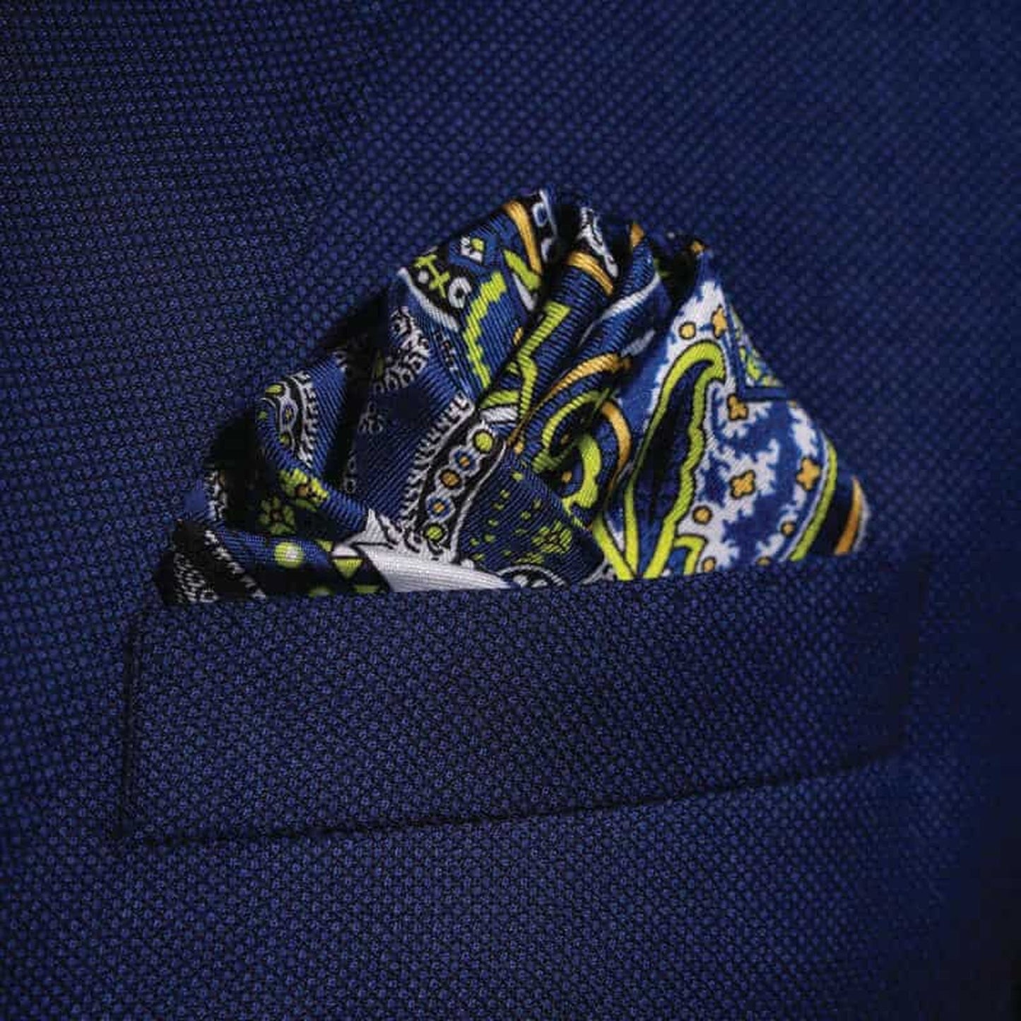 Labyrinth Silk Pocket Square - Blue, White & Lime Green