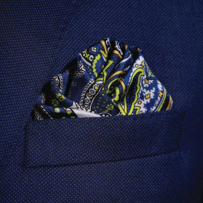 Labyrinth Silk Pocket Square - Blue, White & Lime Green