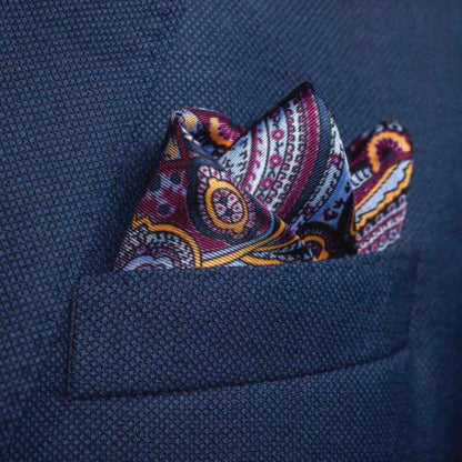 Labyrinth Silk Pocket Square - Pale Blue, Burgundy & Gold
