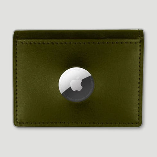 Front view of Leather AirTag Wallet - Olive Green from Garstin 1871 - British Made Leather Accessories
