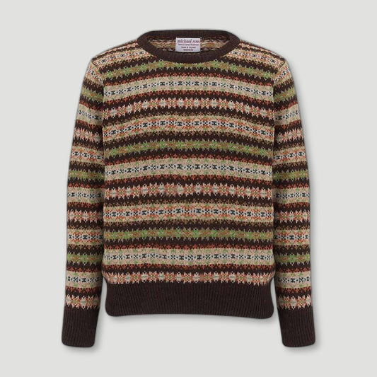 Men's Country Fair Isle Crew - Coffee from Michael Ross - British Made Wool Jumpers