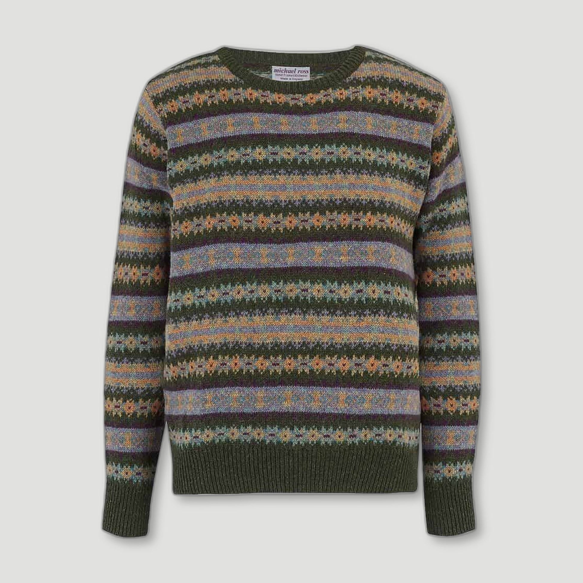 Men's Country Fair Isle Crew - Loden Green from Michael Ross - British Made Wool Jumpers