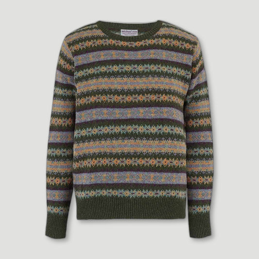 Men's Country Fair Isle Crew - Loden Green from Michael Ross - British Made Wool Jumpers