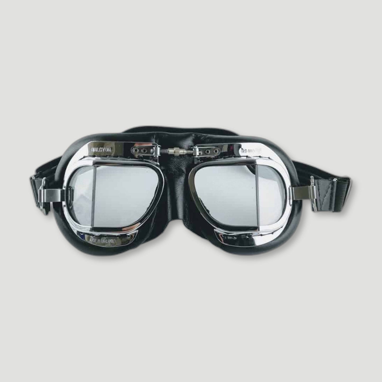 Front view of MK49 Classic Motor & Aviator Goggles - Chrome and Black from Halcyon - British Made Driving Goggles
