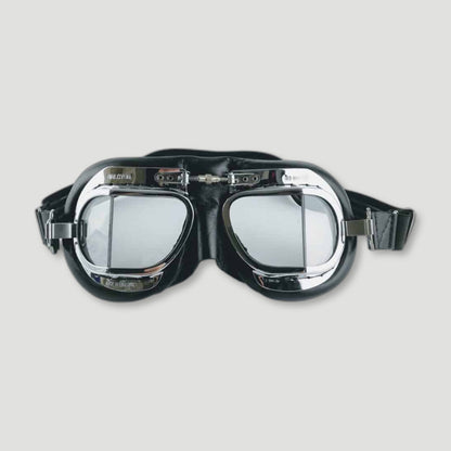 Front view of MK49 Classic Motor & Aviator Goggles - Chrome and Black from Halcyon - British Made Driving Goggles
