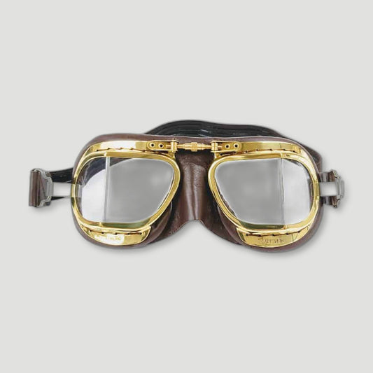 Front view of MK49 Compact Motorcycle Goggles - Brass and Black from Halcyon - British Made Driving Goggles