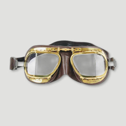 Front view of MK49 Compact Motorcycle Goggles - Brass and Brown from Halcyon - British Made Driving Goggles