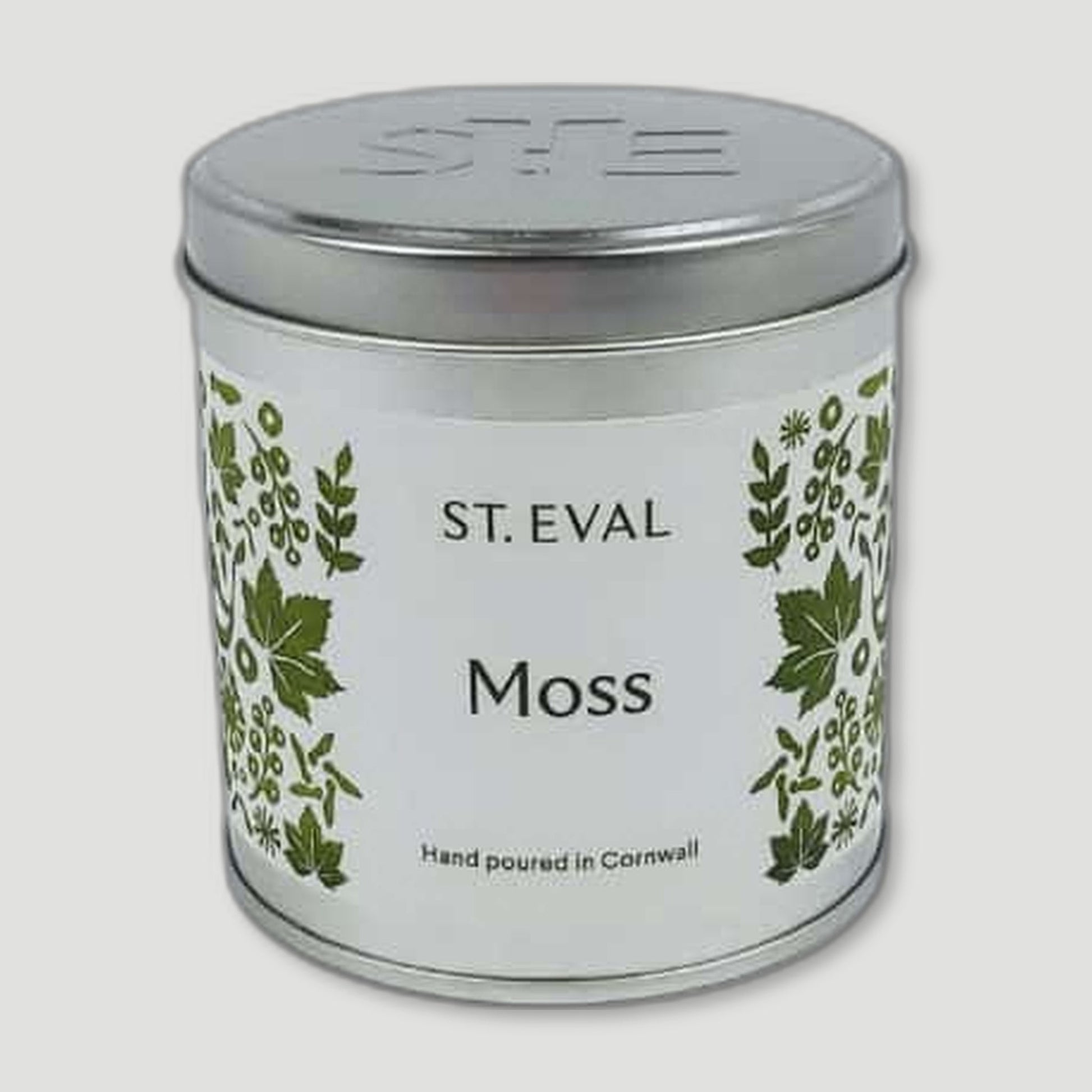 Front view of Moss Tin Candle from St Eval Candles - British Made Candles