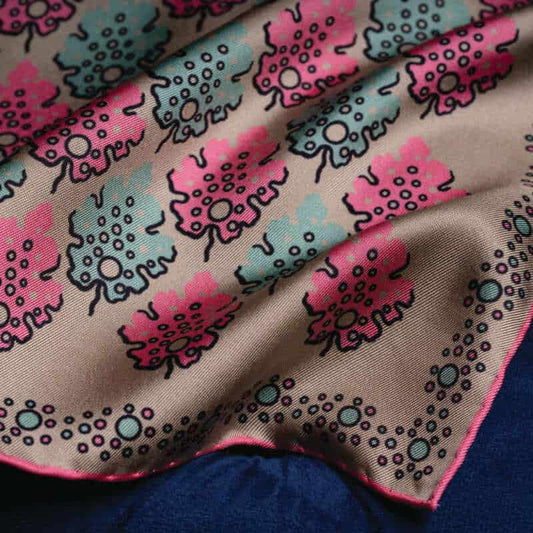 Motif Silk Pocket Square - Camel, Green & Pink