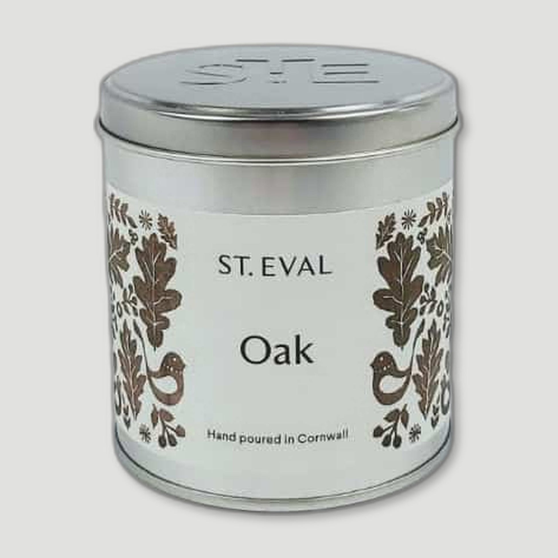 Front view of Oak Tin Candle from St Eval Candles - British Made Candles