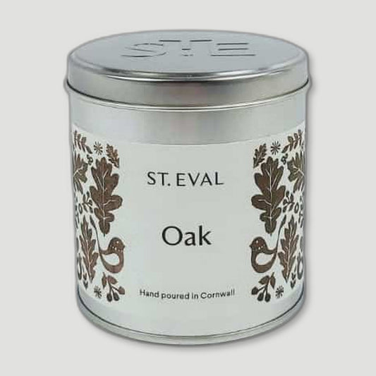 Front view of Oak Tin Candle from St Eval Candles - British Made Candles