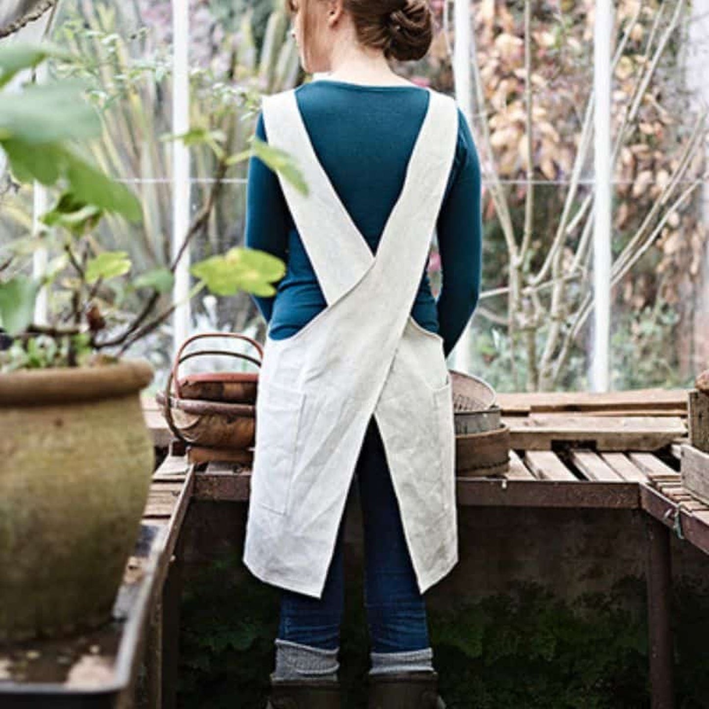 Oatmeal Medium Length Linen Crossover Apron