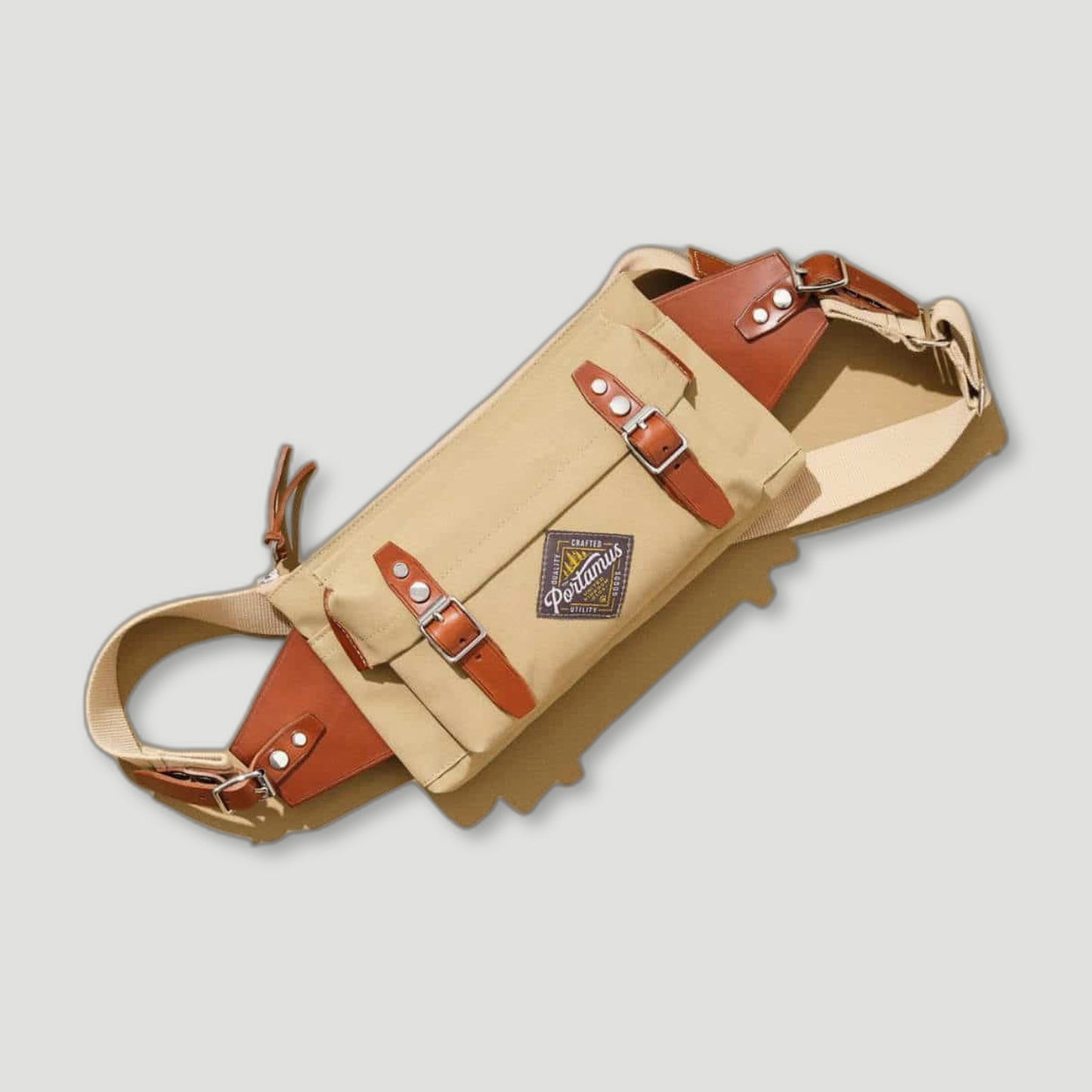 Front view of Owlpen Scout Taupe Sling Bag from Portamus - British Made Bags