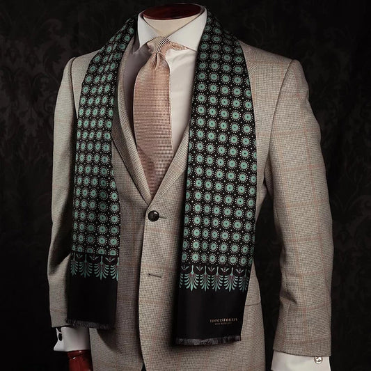 Palm and Bees Black Silk Fringe Scarf