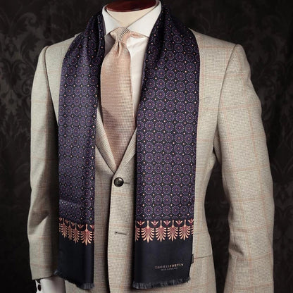 Palm and Bees Navy Silk Fringe Scarf