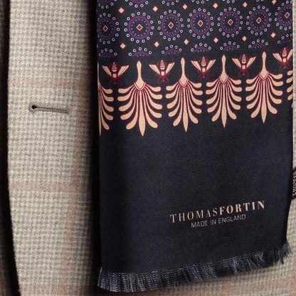 Palm and Bees Navy Silk Fringe Scarf