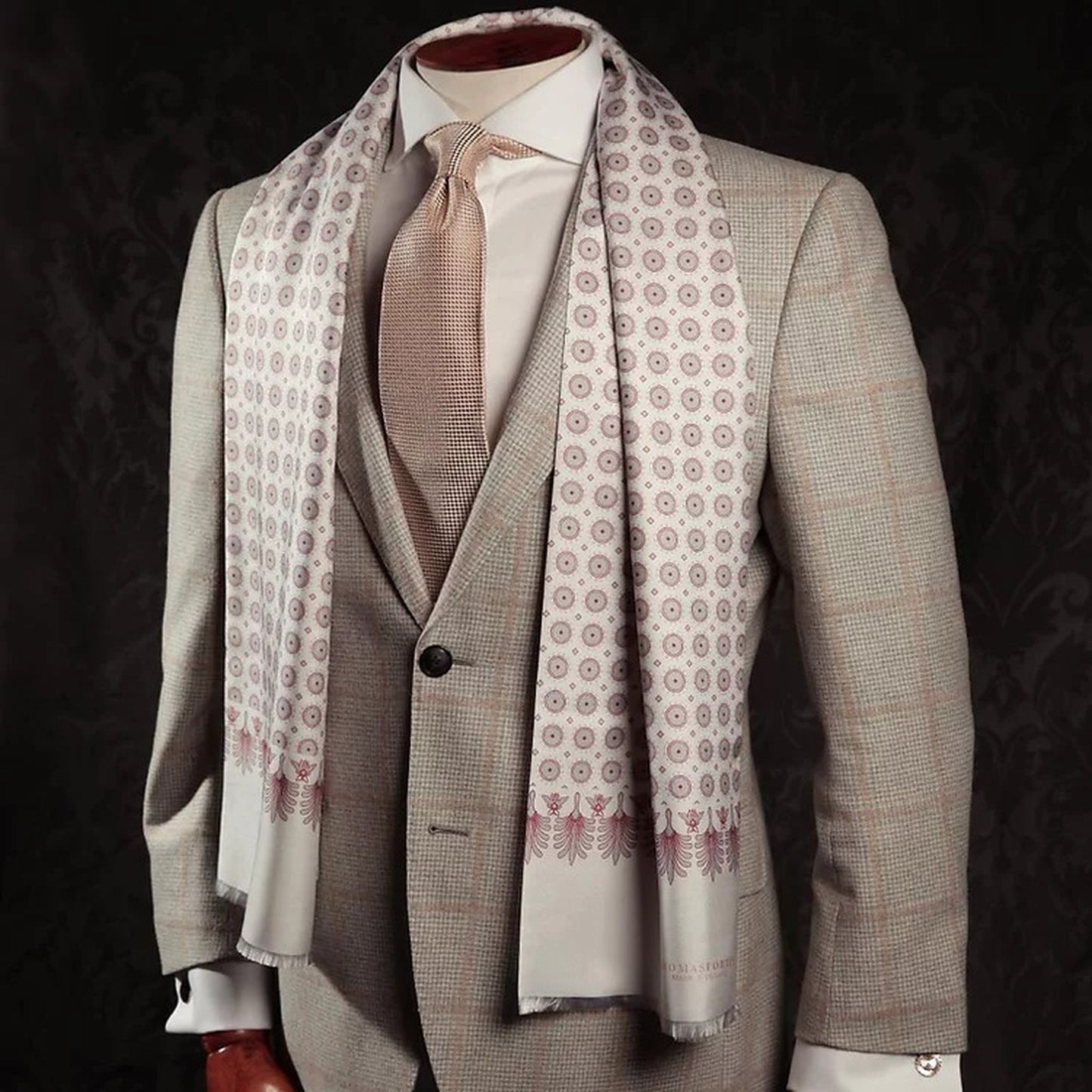 Palm and Bees White Silk Fringe Scarf