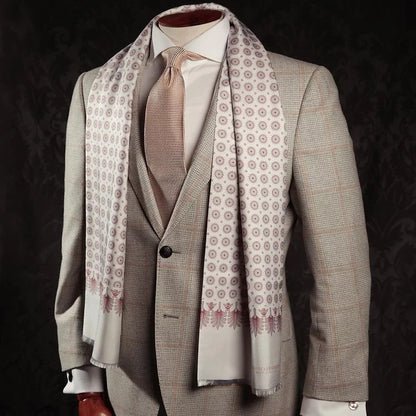 Palm and Bees White Silk Fringe Scarf