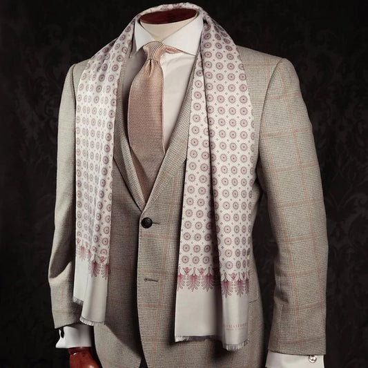 Palm and Bees White Silk Fringe Scarf