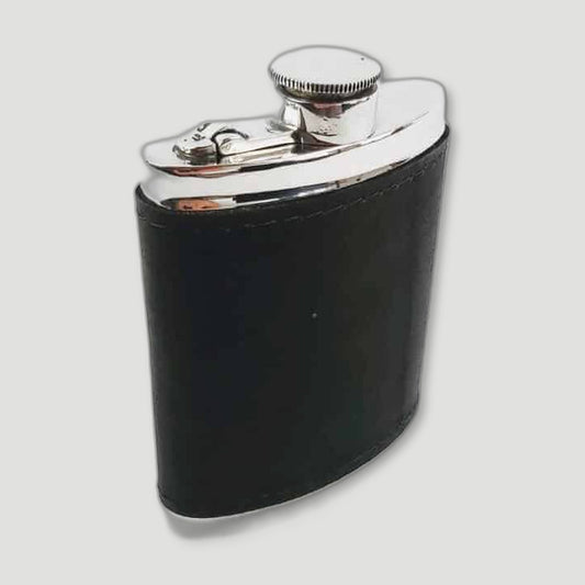 Side view of Pewter and Black Leather Hip Flask from Wentworth Pewter - British Made Pewter Barware