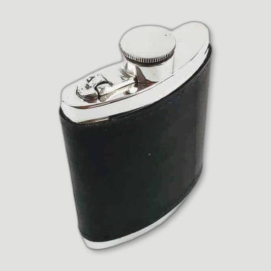 Top view of Pewter and Black Leather Hip Flask from Wentworth Pewter - British Made Pewter Barware