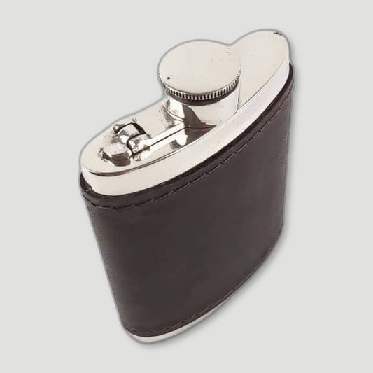 Top view of Pewter and Bourneville Leather Hip Flask from Wentworth Pewter - British Made Pewter Barware