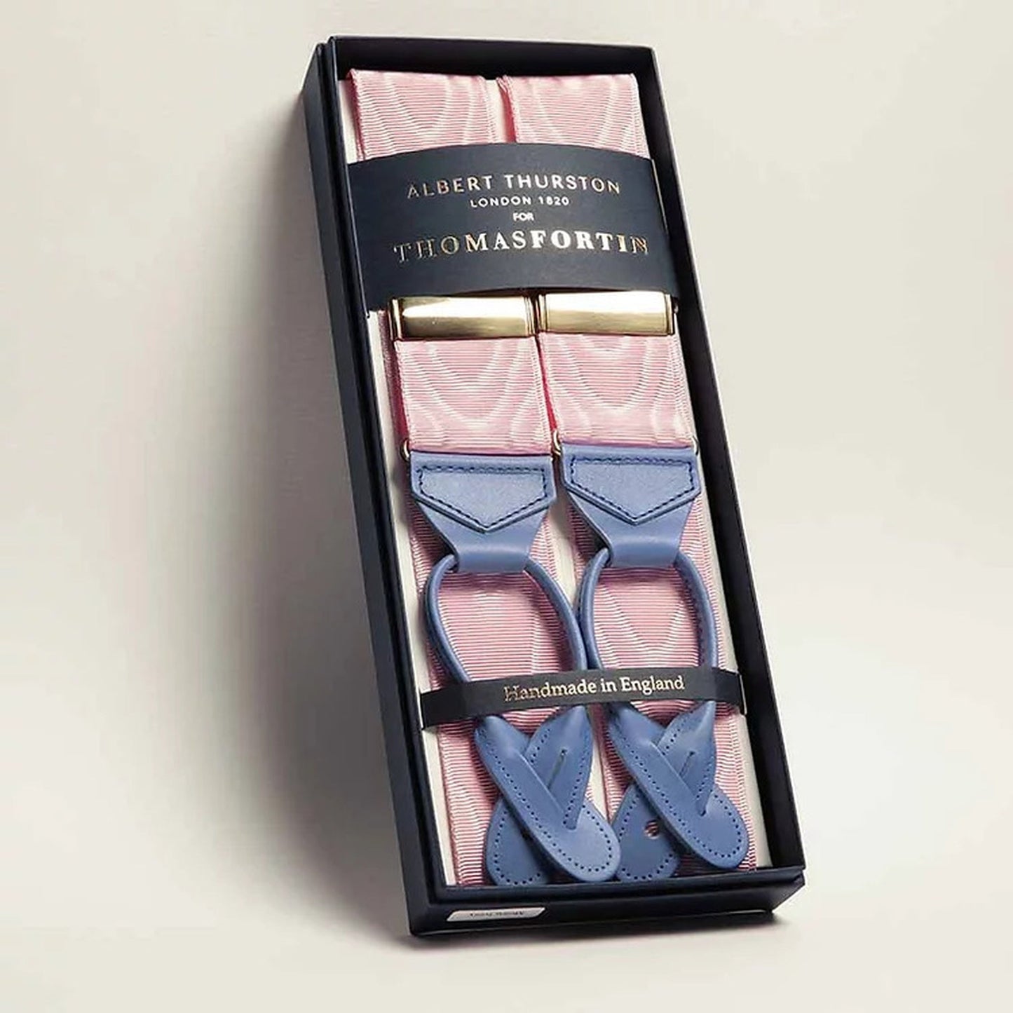 Pink Moire Braces with Sky Blue Leather