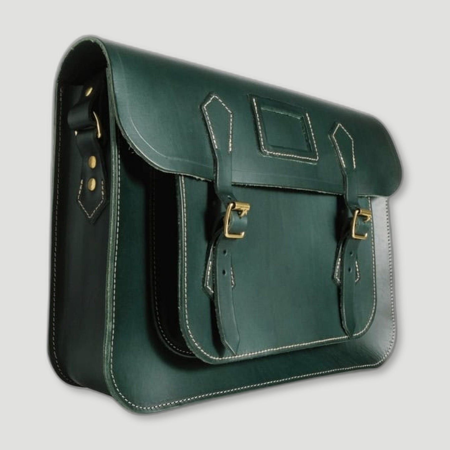 Side view of Racing Green Leather Satchel from Garstin 1871 - British Made Leather Accessories
