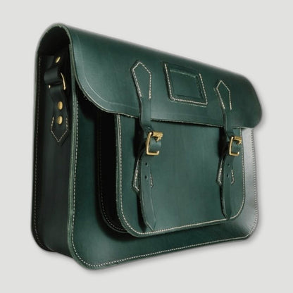 Side view of Racing Green Leather Satchel from Garstin 1871 - British Made Leather Accessories